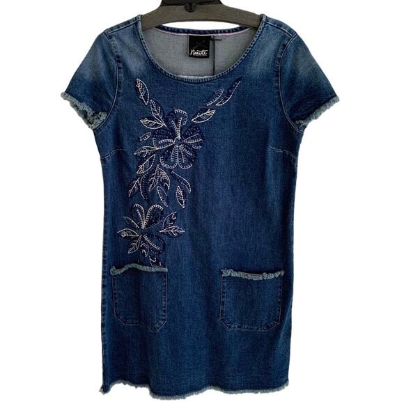 Nanette Women's Sz M Indigo Jean Embordered Dress Fringe Hem NWT - Picture 1 of 12